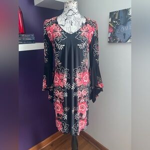 Roz & Ali Long Sleeve Floral Print Dress with Flare Sleeves